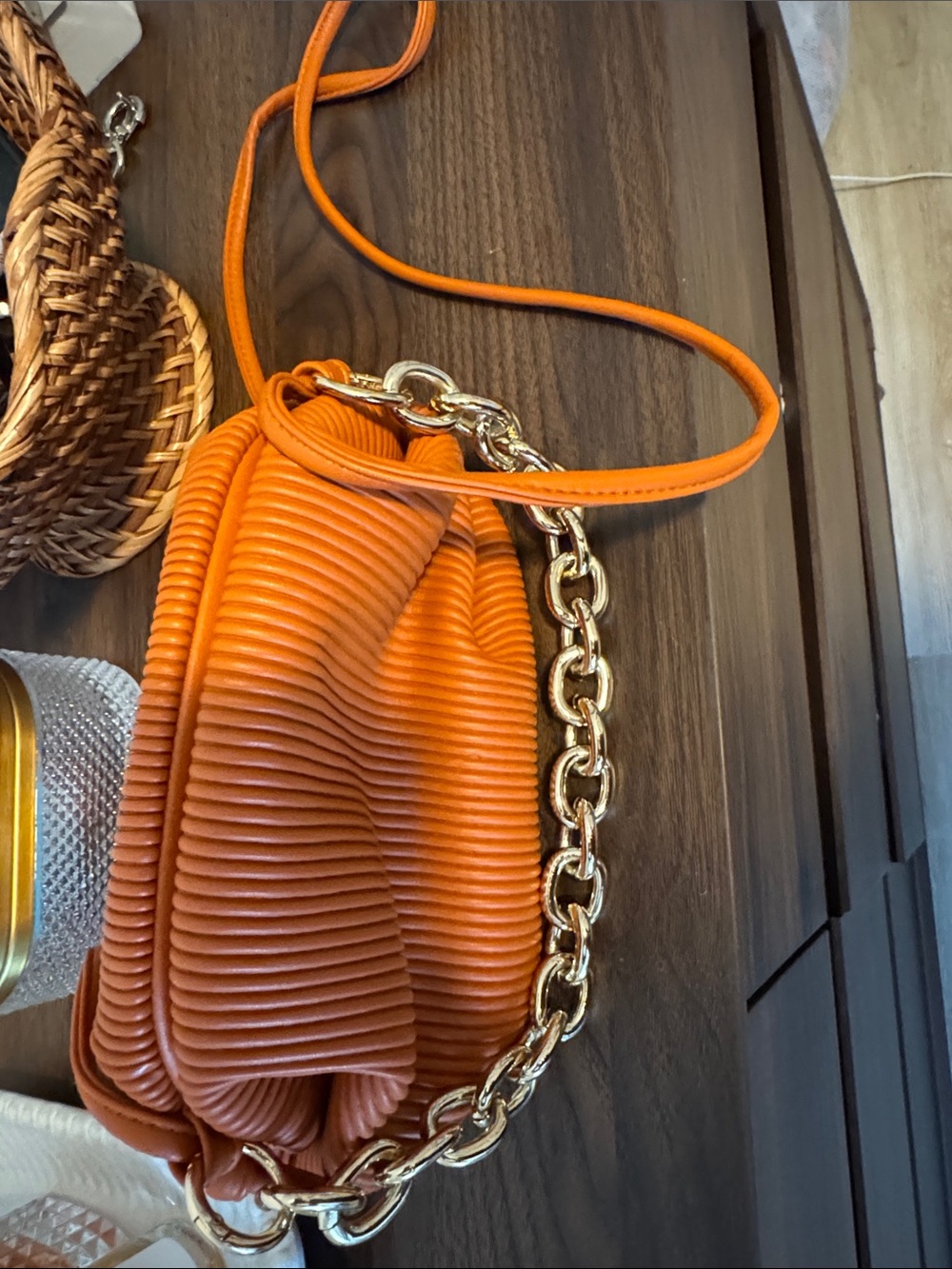Orange Crossbody Bag with Gold Chain